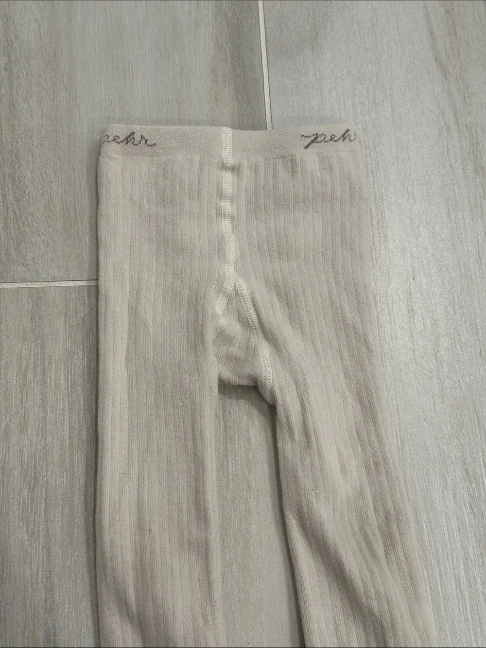 pehr 4-5T Cream Ribbed Kids Tights with Pink Heel & Toe - Grippy Bottom